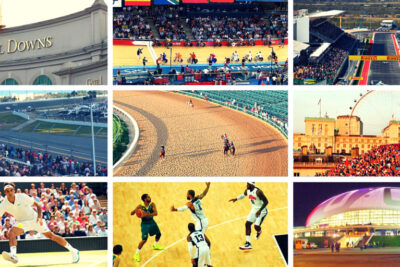 Collage featuring diverse sporting venues and events, including horse racing at Churchill Downs, basketball, tennis, and motor racing, highlighting the variety of Roadtrips News offerings.