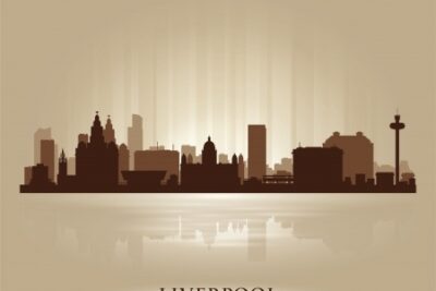 Silhouette of Liverpool's cityscape with reflections, linked to the attractions at the British Open in Liverpool, England.
