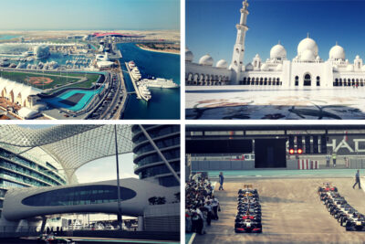 Collage showcasing Abu Dhabi highlights: the Yas Marina Circuit, iconic architecture, the Sheikh Zayed Mosque, and an F1 racing event, emphasizing the city's major attractions and sporting venues.