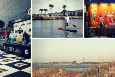 Collage highlighting Daytona's diverse attractions including Victory Lane at the Daytona International Speedway, a person paddleboarding in a marina, a whimsical dining scene, and a serene coastal landscape with a lighthouse.