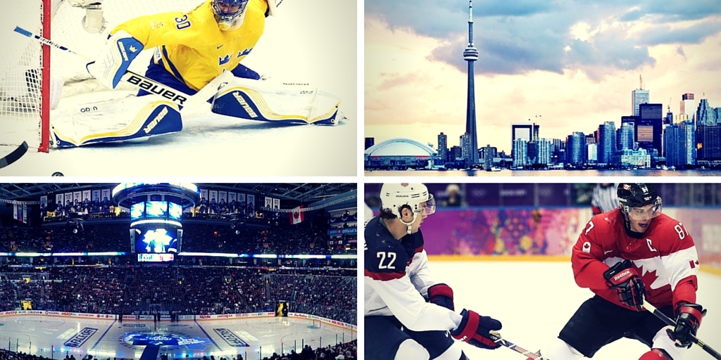 Collage of hockey scenes featuring a goaltender in action, city skyline, arena interior, and players competing on ice, highlighting the intensity and excitement of hockey travel packages.