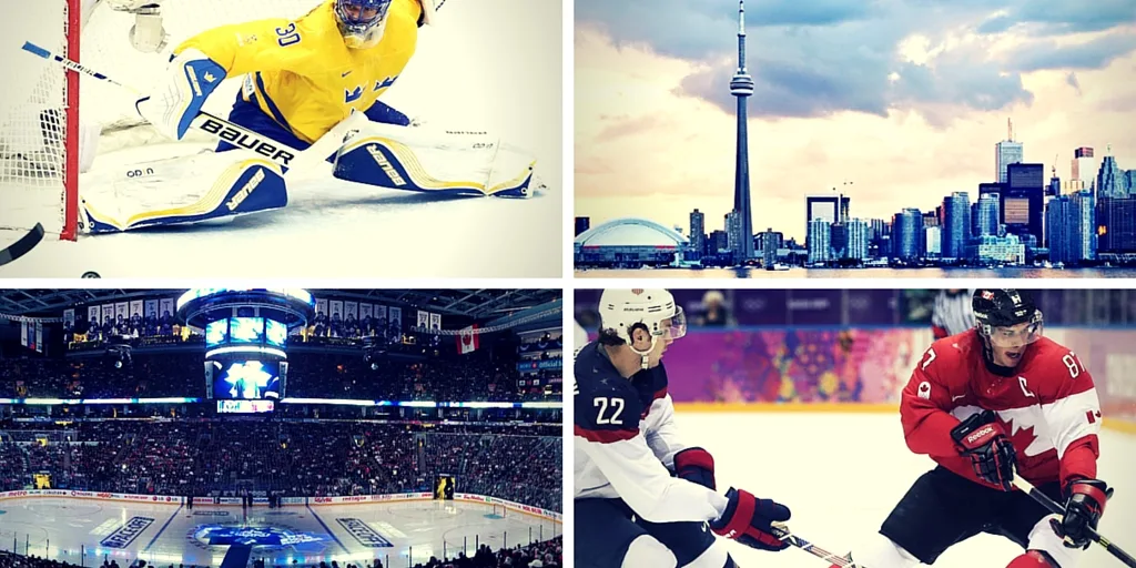 Collage of hockey scenes featuring a goaltender in action, city skyline, arena interior, and players competing on ice, highlighting the intensity and excitement of hockey travel packages.