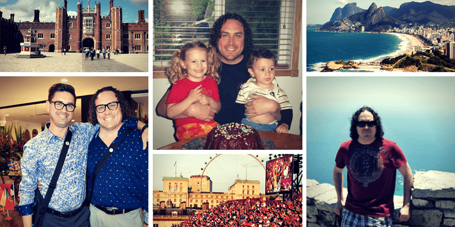 Collage of Jeff Wills, VP of Marketing at Roadtrips, showcasing various personal and professional moments including family time, travel, and public events.