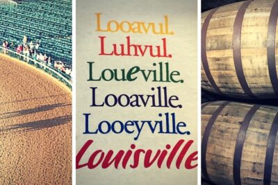 Three-part collage showcasing Louisville: an image of horse racing at a track, various stylized spellings of 'Louisville,' and close-up of wooden bourbon barrels, highlighting local attractions.
