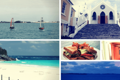 Collage showcasing Bermuda's attractions including windsurfers on the ocean, a church, a vibrant beach, local cuisine, a colorful street scene, and a serene waterscape, reflecting diverse reasons to visit the island for sports and travel enthusiasts.