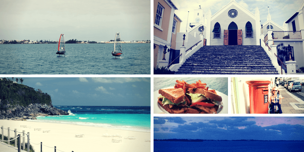 Collage showcasing Bermuda's attractions including windsurfers on the ocean, a church, a vibrant beach, local cuisine, a colorful street scene, and a serene waterscape, reflecting diverse reasons to visit the island for sports and travel enthusiasts.