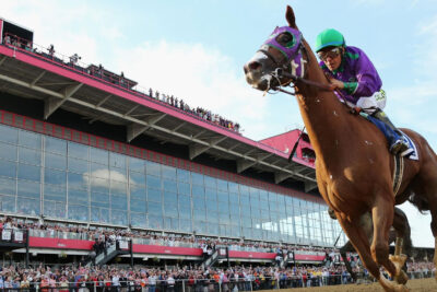 A jockey in purple attire rides a galloping horse during a memorable horse racing event at Preakness Stakes, with a large crowd watching from the stands.