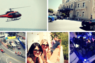 Collage of Monaco's top activities includes a helicopter flying near the beach, Formula 1 cars racing at the Monaco Grand Prix, luxury cars outside the Casino de Monte-Carlo, and people enjoying nightlife and sightseeing.