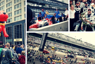 A collage showing various scenes from the Indianapolis Grand Prix, featuring a large inflatable dog, a crowded spectator area, a racing car on the track, and a celebrating team with a wreath.
