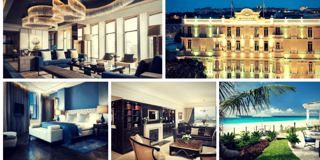 Collage of luxury hotels featuring elegant interiors and a beachside view, ideal for sports travel enthusiasts seeking upscale accommodations.