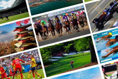 Collage showcasing diverse sports events including motor racing, horse racing, soccer, golf, and swimming, for Black Friday luxury travel and sports gift ideas.