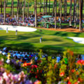 Golf players compete at the Masters, surrounded by a large audience and vibrant floral landscape, highlighting its status as a globally watched sporting event.
