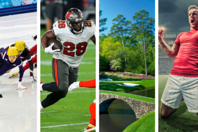 Collage showcasing diverse major sporting events, including speed skating, football, scenic golf course, and soccer, reflecting the global appeal of luxury sports travel.