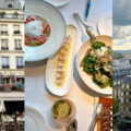 A collage showing Parisian experiences: a café bustling with people, a selection of gourmet dishes from a high-end restaurant, and a scenic city view featuring the Eiffel Tower.