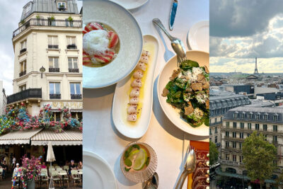 A collage showing Parisian experiences: a café bustling with people, a selection of gourmet dishes from a high-end restaurant, and a scenic city view featuring the Eiffel Tower.