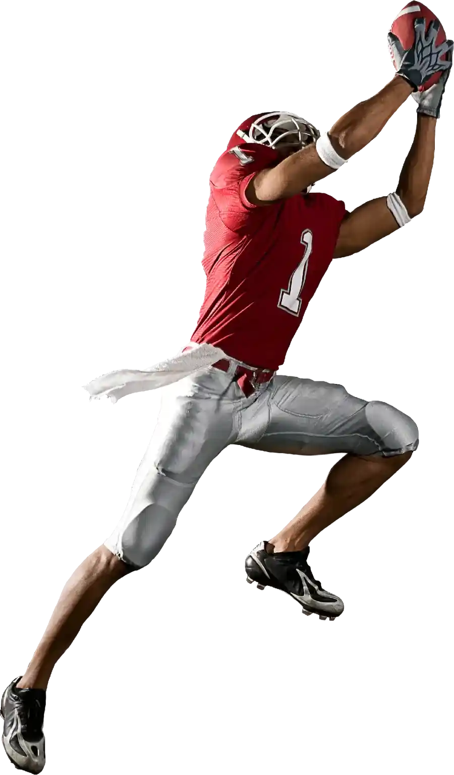 Football player in a red jersey leaping to catch a ball, symbolizing action and excitement at the Super Bowl in Santa Clara.