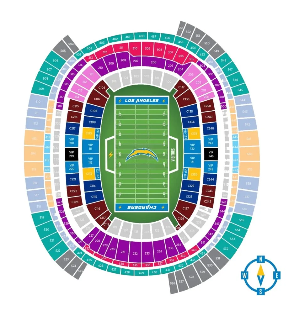 SoFi Stadium seating chart showing upper, mid, lower, club, and premium seating areas