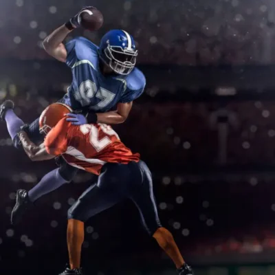 A football player in a blue uniform jumps and clutches the football while dodging a tackle during a nighttime game.