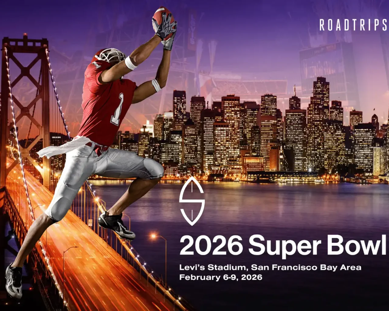 An athlete in a red jersey leaping to catch a football with a backdrop of the Golden Gate Bridge and city skyline.