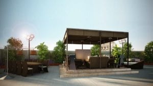 Luxurious outdoor seating area with modern furniture under a shaded pavilion, likely part of the Excelsior Hotel Gallia in Milan, ideal for Italian Grand Prix visitors.