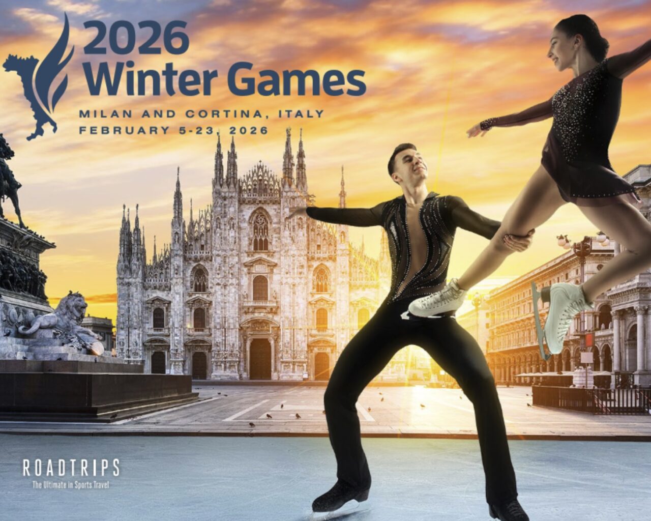 Two figure skaters perform a dynamic lift in front of Milan's iconic cathedral, promoting the Winter Games in Milan and Cortina, Italy.
