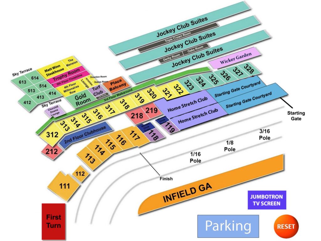 Colorful seating chart for Churchill Downs, showing various premium viewing options for the Kentucky Derby, including Jockey Club Suites and infield areas with prominent features like the Jumbotron TV screen indicated.