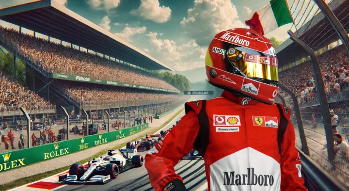 Racing driver in a red uniform with Marlboro branding views a crowded Grand Prix at the Autodromo Nazionale Monza, Milan, Italy, amidst auto racing scenes.