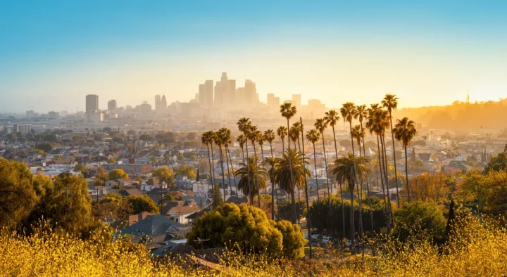 Sunrise lights up the downtown skyline of Los Angeles, viewed over residential areas and scattered palm trees, highlighting the city's role as a host for World Cup venues.