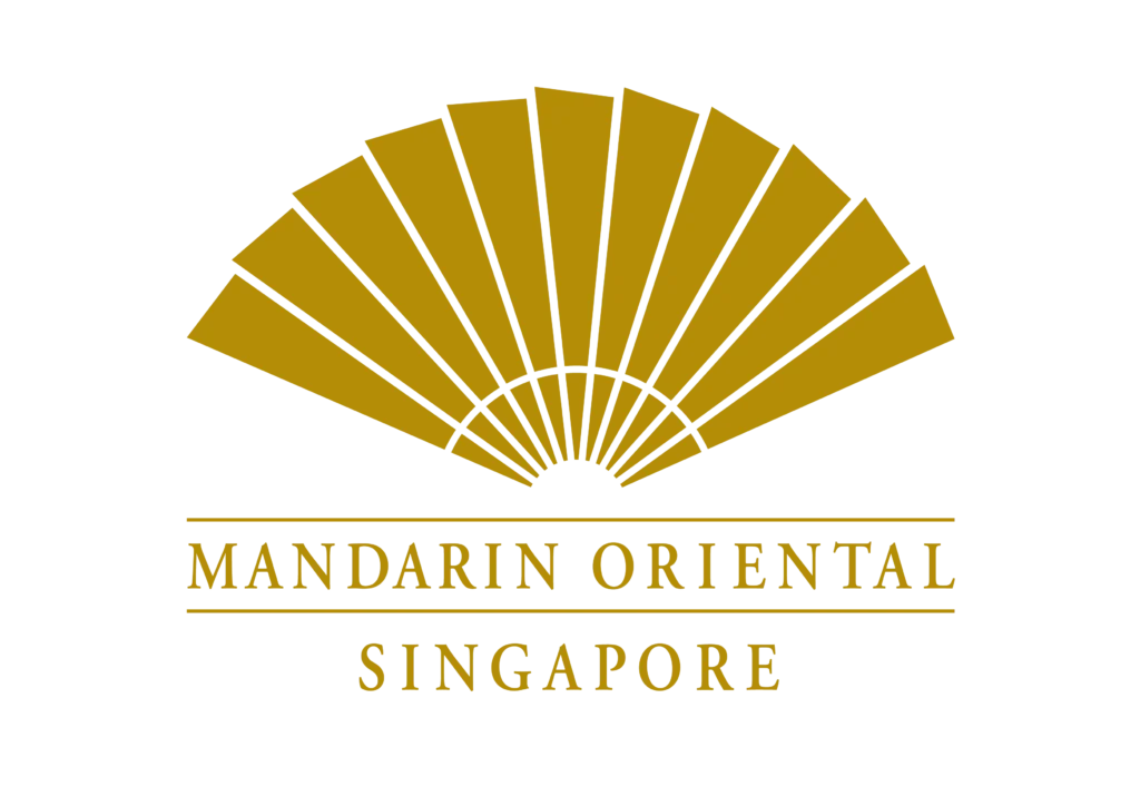 Logo of Mandarin Oriental Singapore featuring a stylized golden fan above the hotel name.