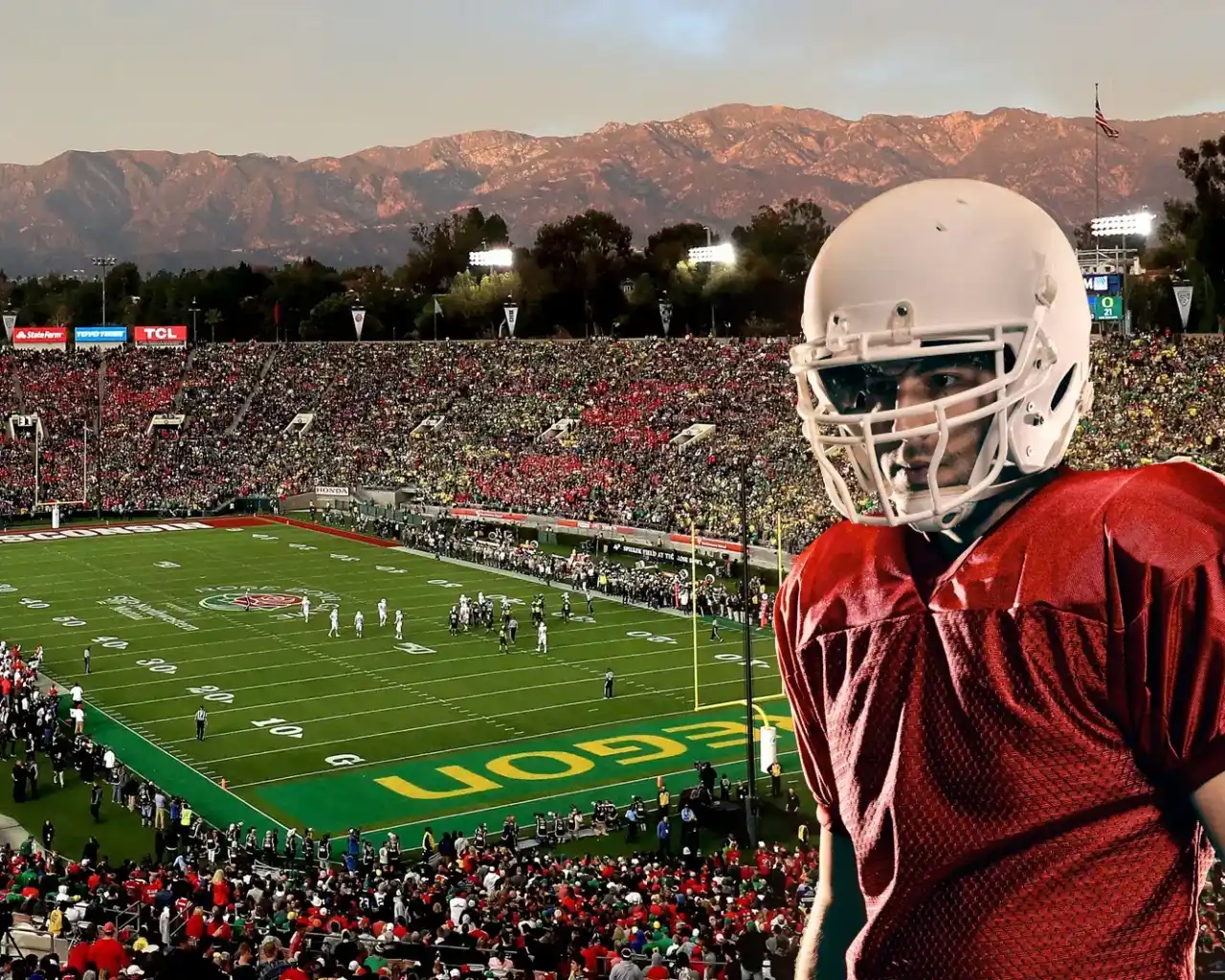 A football player in a red jersey stands in the foreground, superimposed over a vibrant scene of a packed Rose Bowl stadium in Pasadena, California, during a sunset game.