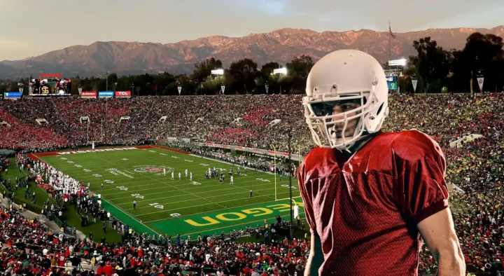 A football player in a red jersey stands in the foreground, superimposed over a vibrant scene of a packed Rose Bowl stadium in Pasadena, California, during a sunset game.