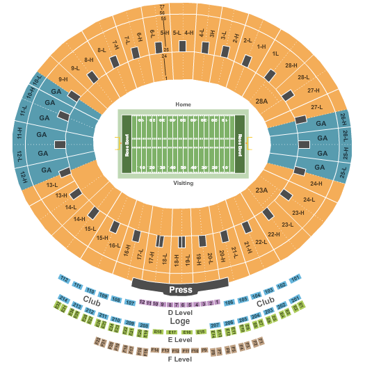 Seating chart for the Rose Bowl, showing categorized sections like General Admission, Club, and Press, around a central football field marked with 'Home' and 'Visiting' sides.