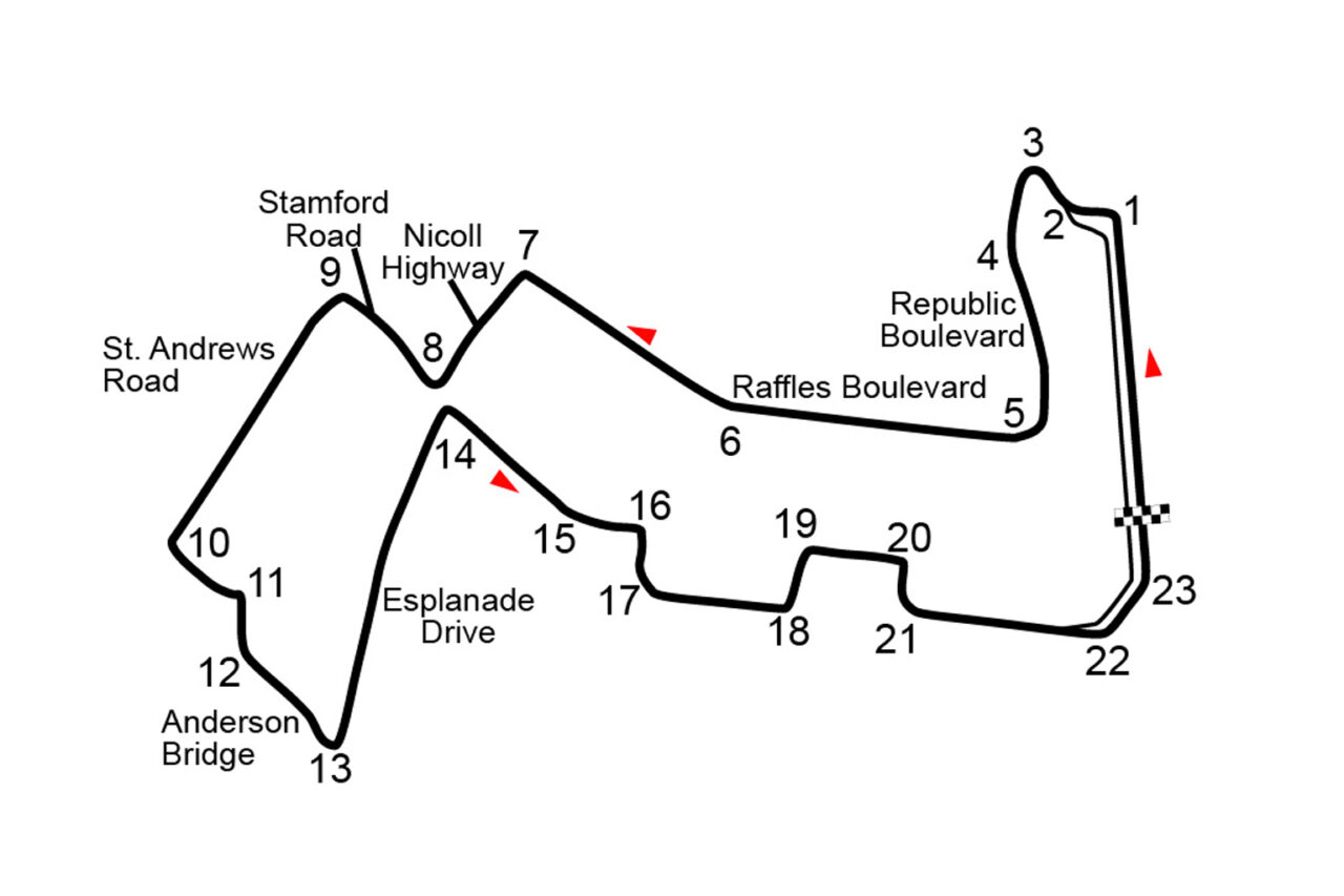 Detailed map showing the race track layout for the Singapore Grand Prix, marking key segments and streets like Raffles Boulevard and Stamford Road.