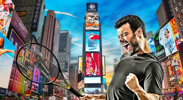 A man celebrates enthusiastically against a backdrop of Times Square, symbolizing the excitement at the US Open Tennis event held in New York.