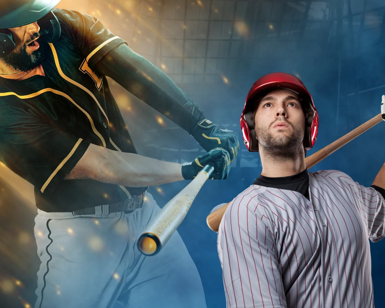 Two baseball players in action, one swinging a bat and another preparing to hit, highlighting the excitement of MLB All-Star packages at Truist Park, Atlanta.