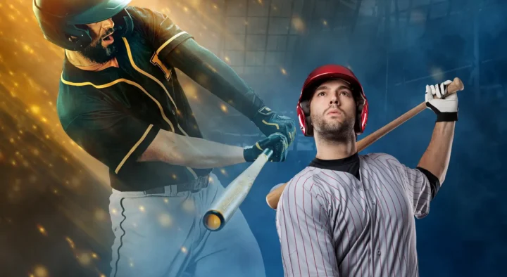 Two baseball players in action, one swinging a bat and another preparing to hit, highlighting the excitement of MLB All-Star packages at Truist Park, Atlanta.