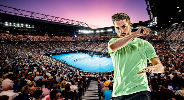 Man swings a tennis racket in the foreground with a vibrant scene of a tennis match at Melbourne Park as the backdrop, promoting Australian Open travel packages.
