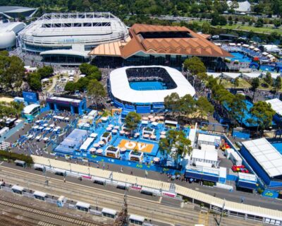 Elevated view of the bustling Melbourne Tennis Precinct during the Australian Open, highlighting courts, crowds, and festive blue décor ideal for Australian Open travel packages.