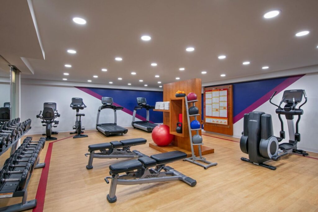 Well-equipped fitness center at Hotel Dena, a Marriott Tribute Portfolio Hotel in Pasadena, ideal for guests visiting for the Rose Bowl event.