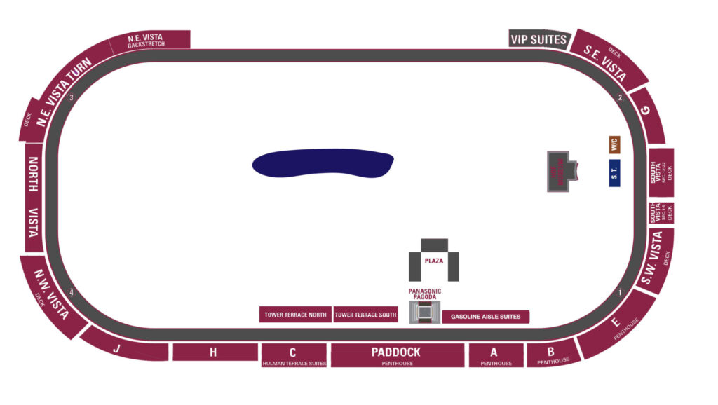 Map of the Indianapolis Motor Speedway showing seating areas including VIP suites, gas station suites, paddock, and plaza, ideal for planning a visit or purchasing Indy 500 packages.