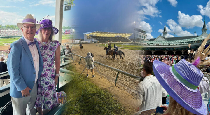 Collage highlights from the Kentucky Derby, featuring a couple in festive attire, horses preparing on a track, and a crowd watching the event, promoting Kentucky Derby Travel Package Rates.