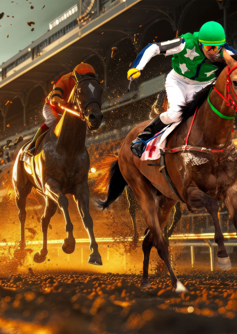 Jockeys on thoroughbred horses race on a muddy track at sunset during a Kentucky Derby event, showcasing the excitement and competition of this iconic horse racing event.