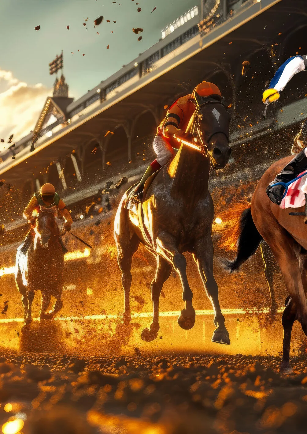 Jockeys on thoroughbred horses race on a muddy track at sunset during a Kentucky Derby event, showcasing the excitement and competition of this iconic horse racing event.