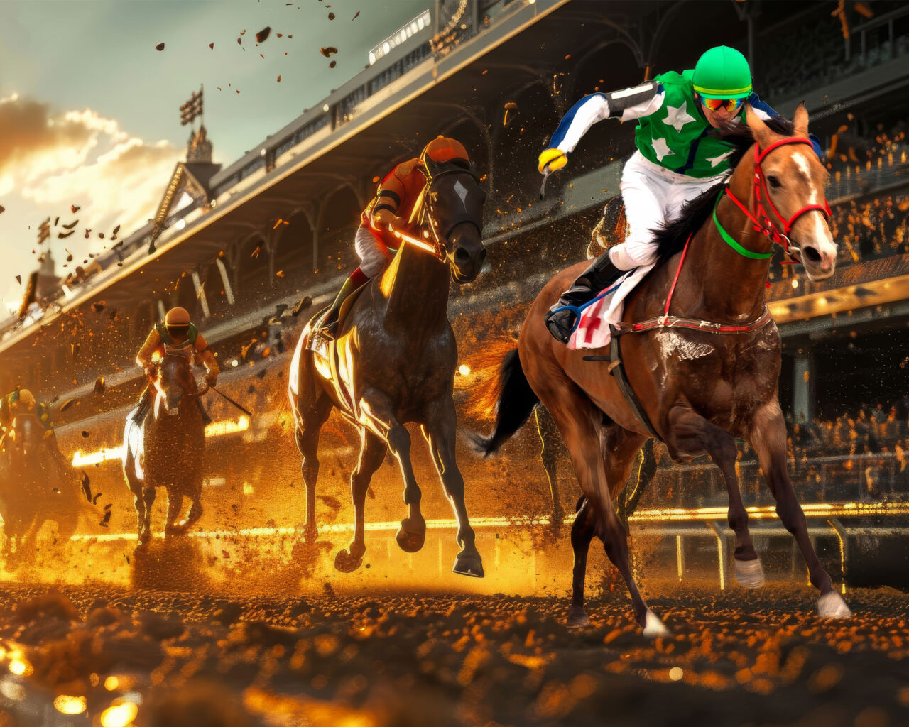 Jockeys on thoroughbred horses race on a muddy track at sunset during a Kentucky Derby event, showcasing the excitement and competition of this iconic horse racing event.