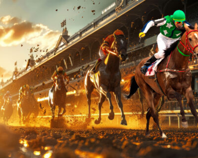 Jockeys on thoroughbred horses race on a muddy track at sunset during a Kentucky Derby event, showcasing the excitement and competition of this iconic horse racing event.