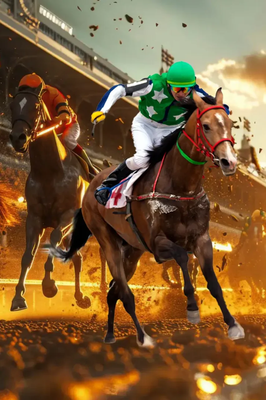 A jockey in green and white silks rides a horse mid-race at Churchill Downs, highlighting the excitement of sports travel packages for the Kentucky Derby.