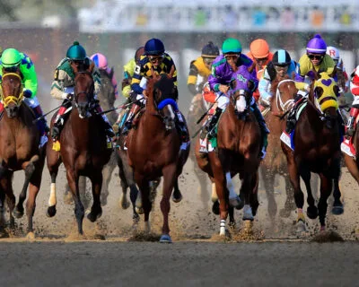 Jockeys wearing colorful uniforms race on thoroughbred horses, illustrating the dynamic action typical of events featured in Roadtrips' luxury sports travel packages.
