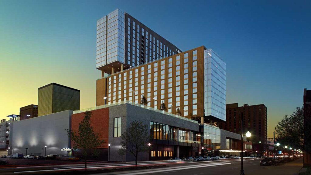 Twilight view of the Omni Louisville Hotel, a luxury accommodation option near Churchill Downs, ideal for Kentucky Derby attendees. Located at 400 South 2nd Street, Louisville, Kentucky.