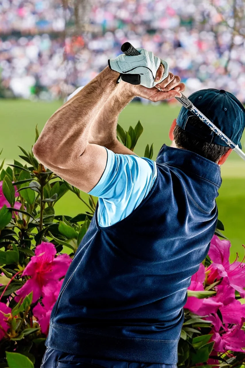 A golfer at Augusta National Golf Club adjusts his cap, surrounded by vibrant flowers, with a blurred crowd of spectators in the background.