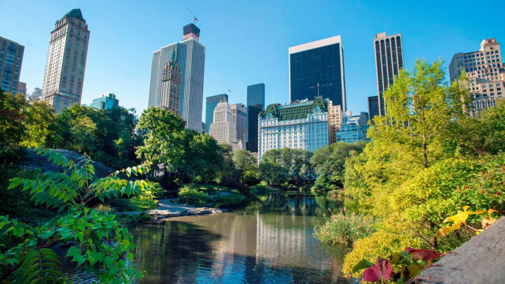Serene pond surrounded by lush greenery with a vibrant view of skyscrapers in New York, showing a potential luxury accommodation for US Open Tennis visitors.